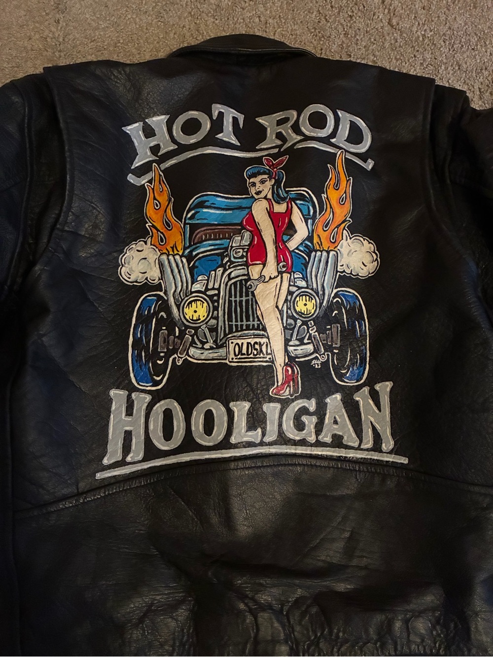 One of a Kind Leather Motorcycle Jacket with Original Artwork Rockabilly Pinup